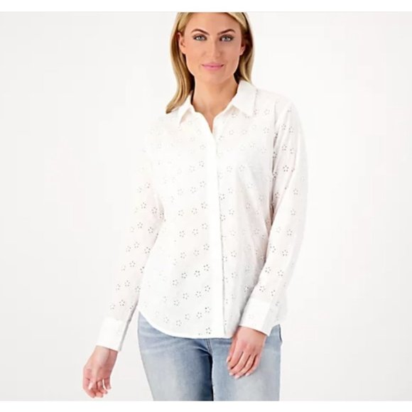 Candace Cameron Bure Women Top Button Front Eyelet Shirt White   A593140 - Picture 1 of 5